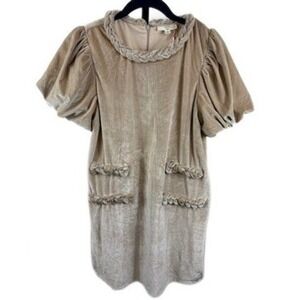 Entro Women's Small Champagne Velvet Puff Sleeve Mini Dress Braided Neck Pockets